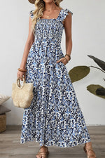 Smocked Printed Square Neck Dress