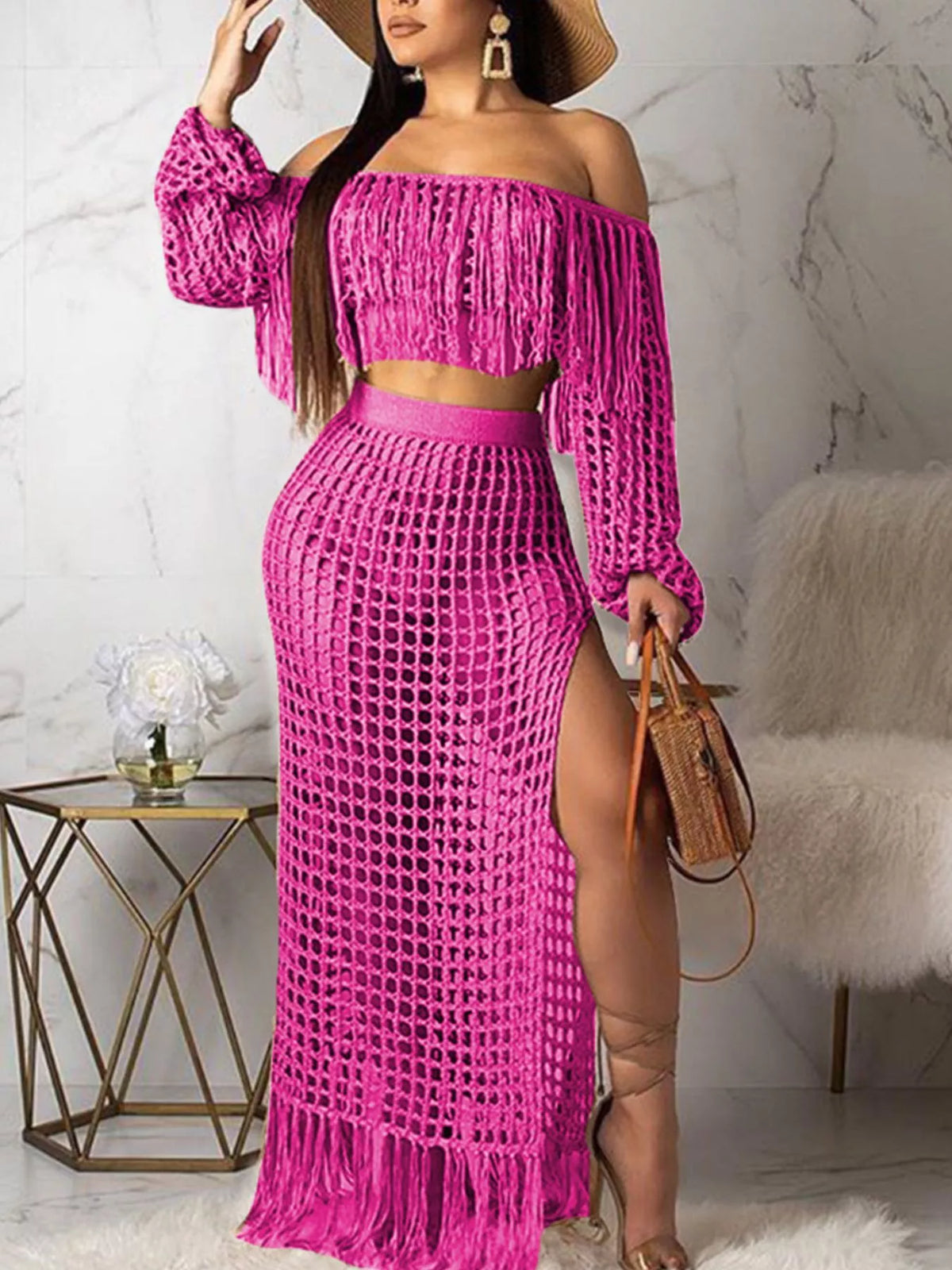 Full Size Crochet Off-Shoulder Fringe Top and Skirt Set Plus Size