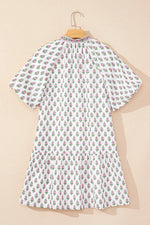 Floral Print Puff Sleeve Tie Neck Ruffled Hem Dress