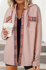 Waffle Knit Plaid Patchwork Drawstring Hooded Shacket