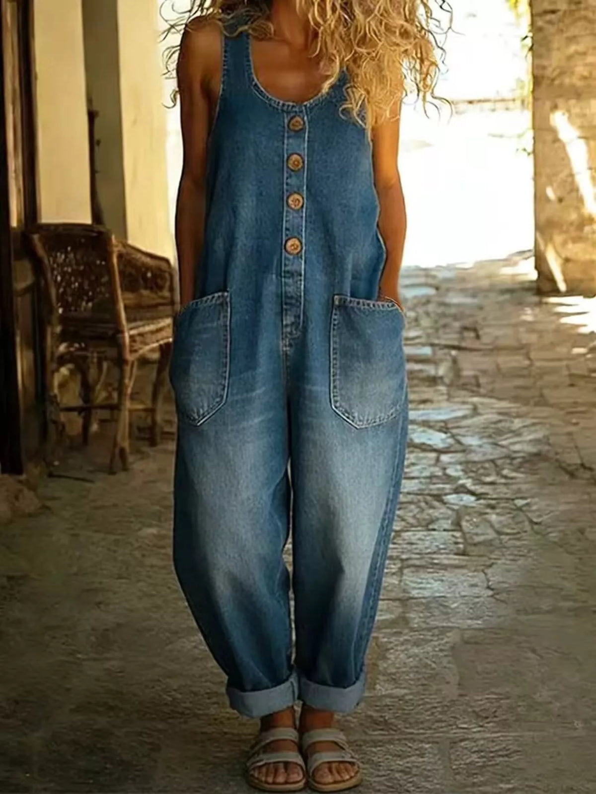 Full Size Button Detail Wide Strap Jumpsuit Plus Size