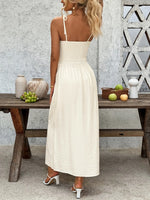 Smocked Button Front Tie Shoulder Dress