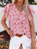 Full Size Floral Print Flutter Sleeve V-Neck Blouse Plus Size