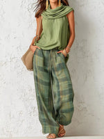 Sleeveless Cowl Neck Top and Plaid Wide-Leg Pant Set