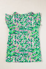 Abstract Print Ruffled Trim Tie Neck Top