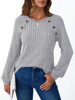 Ribbed Knit Decor Button Long Sleeve T-Shirt