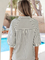 Stripe Floral Embroidered Detail V Neck Short Sleeve Blouse