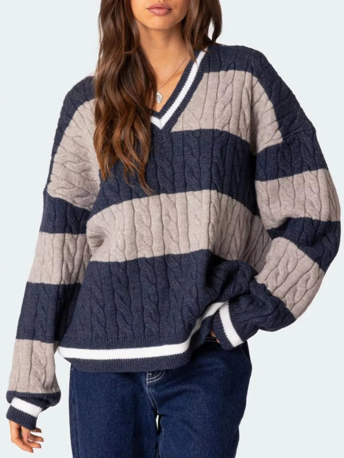 Striped Cable Knit V-Neck Sweater