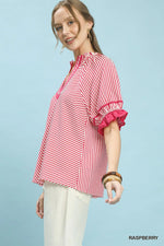 Umgee Stripe Ruffle Sleeve Split-Neck Blouse