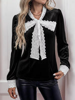 Lace Bow Tie Velvet Blouse