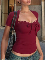 Sweetheart Neck Lace Trim Tie-Front T-Shirt