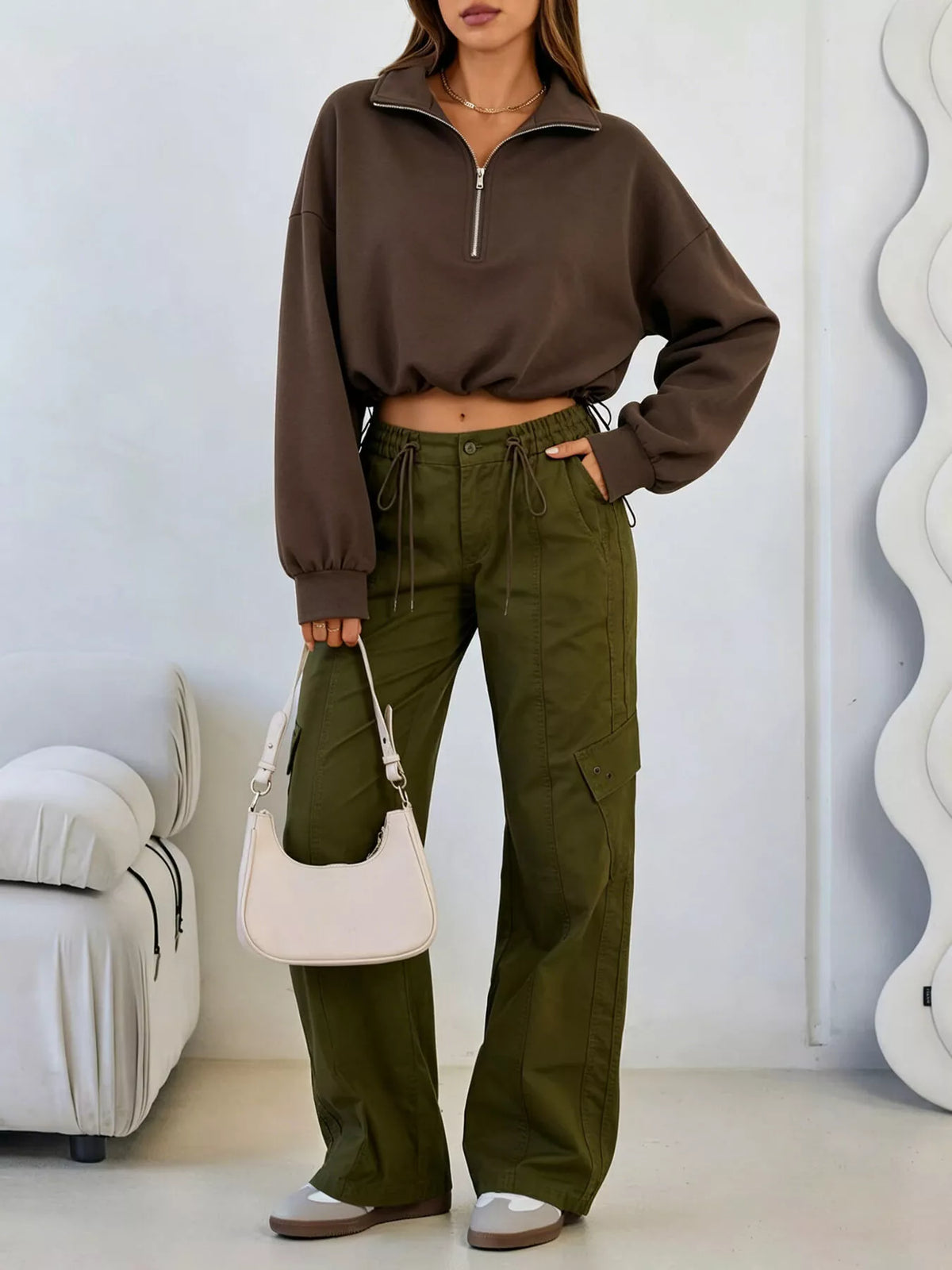 Half Zip Drawstring Hem Sweatshirt