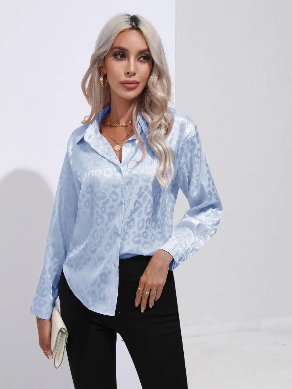 Leopard Collared Neck Long Sleeve Shirt
