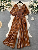 Smocked V-Neck Wide Leg Jumpsuit