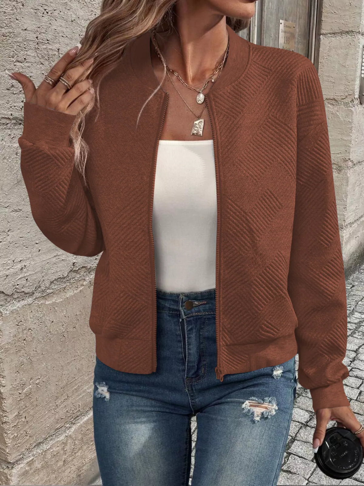 Zip-Up Textured Long Sleeve Jacket