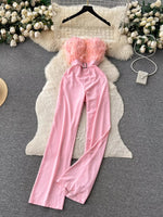 Feather Trim Strapless Wide Leg Jumpsuit
