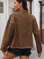 Leopard Print Raw Hem Denim Jacket