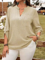 Plus Size Notched Roll-Tab Sleeve Casual Blouse