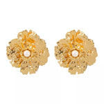 Gold Textured Flower Pearl Center Statement Earrings
