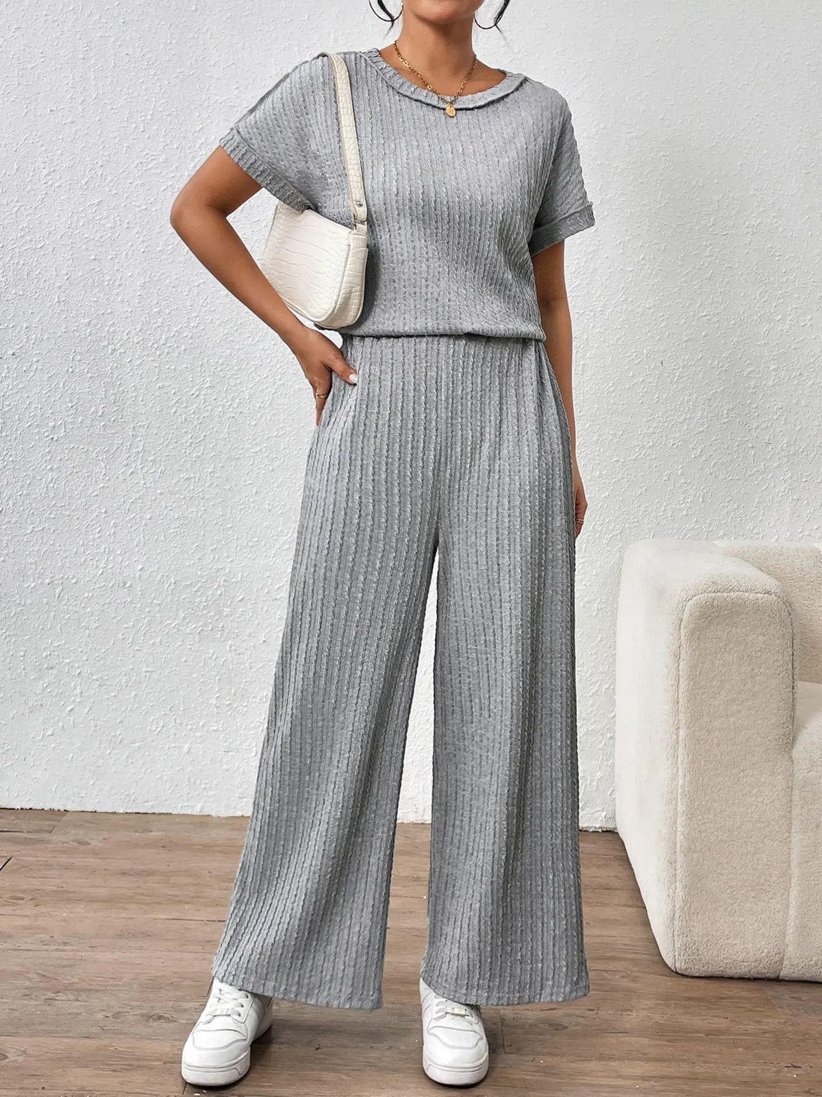 Round Neck Short Sleeve Top and Pants Set