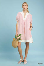 Umgee Pinstripe Shift Dress with Contrast Trim