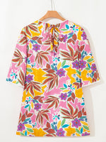 Floral Print Lace Trimmed Tie Back Bell Sleeve Swing Mini Dress