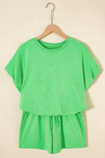 Solid Color Puffy Loose Top Drawstring Shorts 2pcs Outfit
