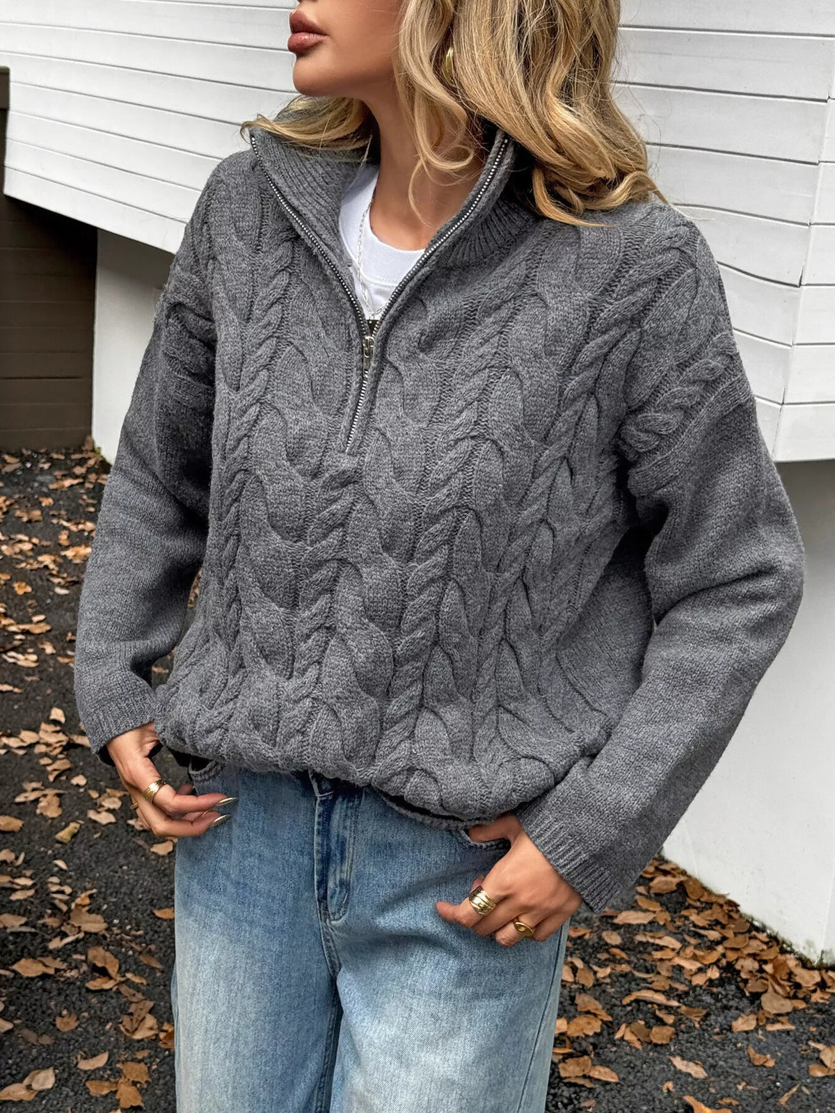 Zip Collar Cable-Knit Sweater