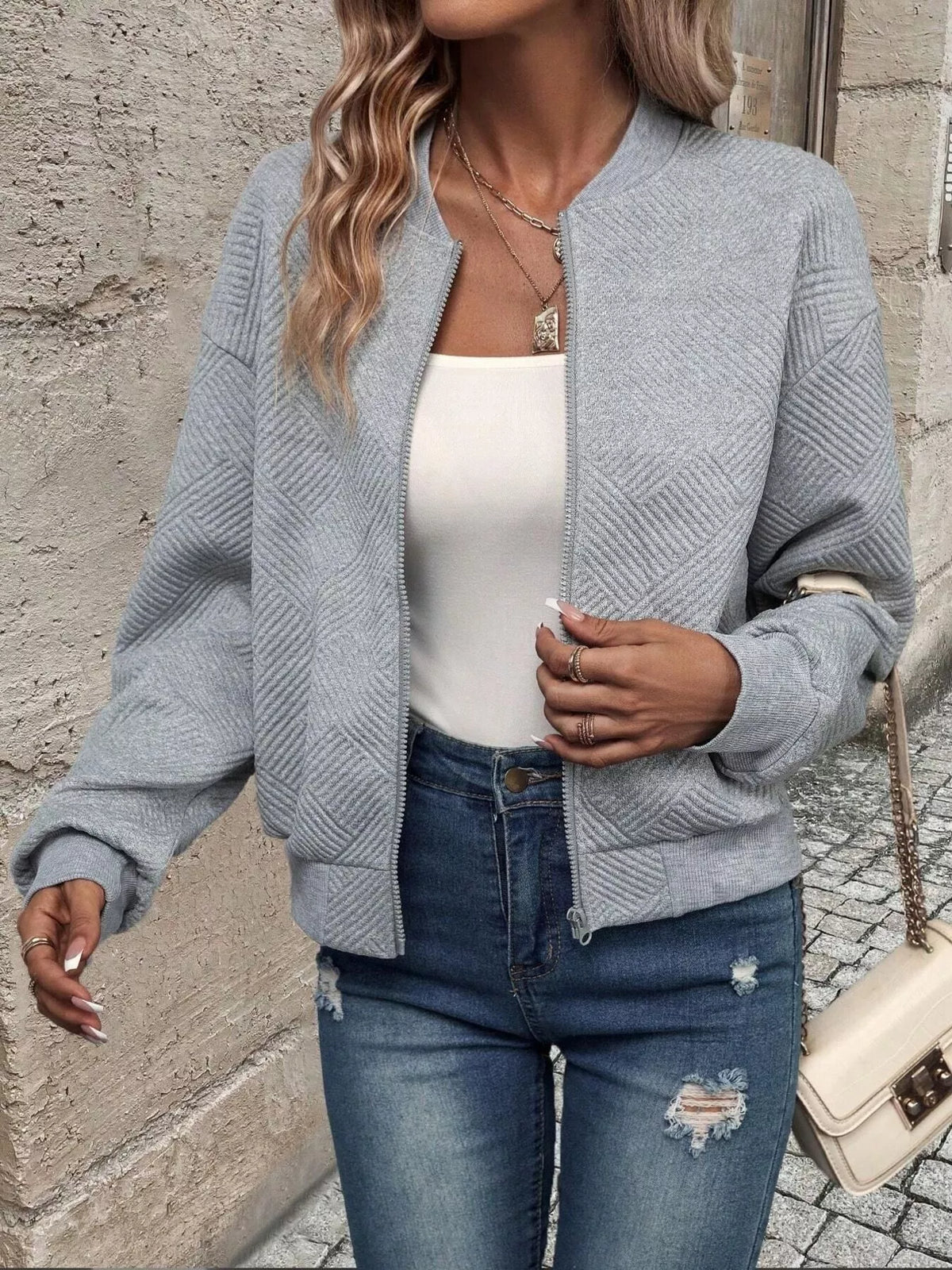 Zip-Up Textured Long Sleeve Jacket