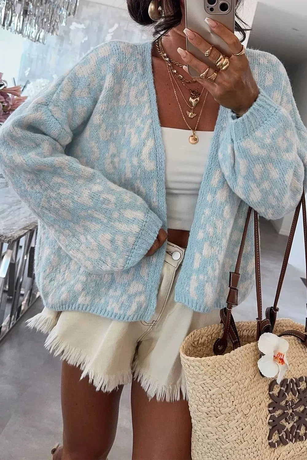 Leopard Print V Neck Long Sleeve Loose Fit Knit Cardigan