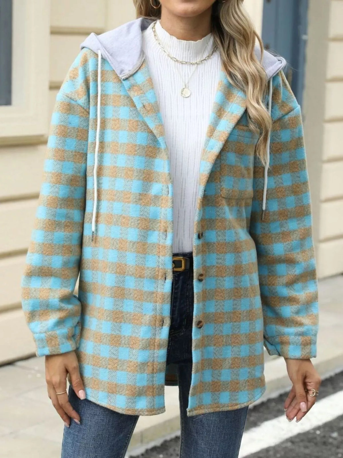 Plaid Button Up Long Sleeve Drawstring Hooded Jacket