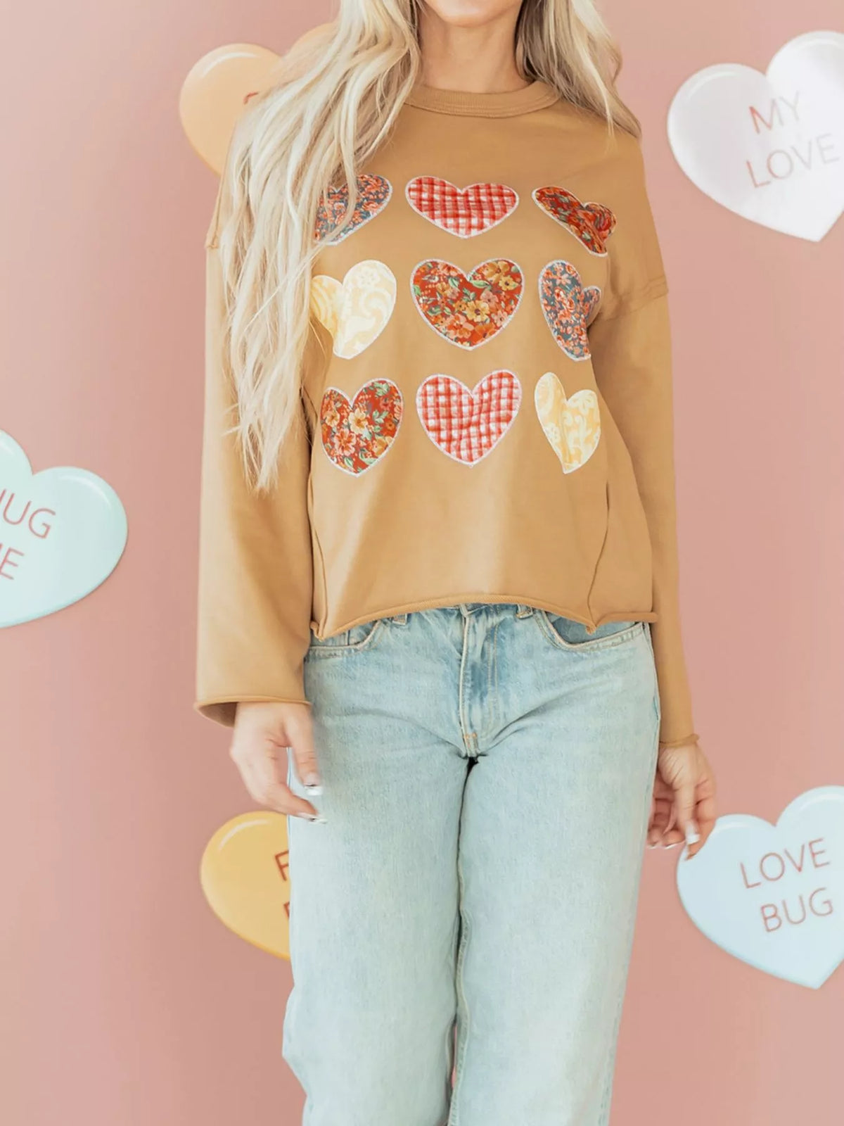 Plaid Floral Heart Stitched Exposed Seam Mineral Wash Sweatshirt
