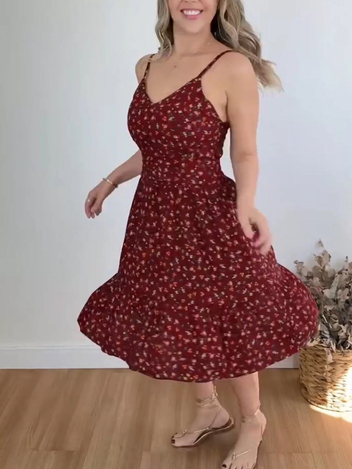 Floral Print Spaghetti Strap Ruffle Hem Dress