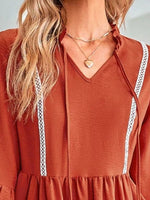 Tie-Neck Long Sleeve Mini Dress with Trim Detail