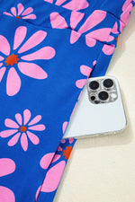 Floral Print Zip Collar Drawstring Summer Mini Dress