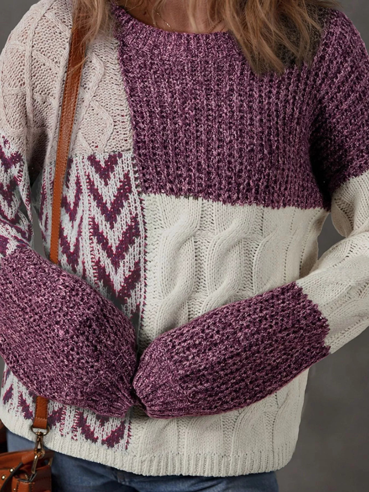Color Block Patchwork Knotted Back Loose Fit Sweater