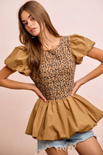 BiBi Rib Texture Leopard Puff Sleeves Bubble Peplum Top