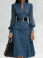 Denim Midi Dress with Sheer Sleeves