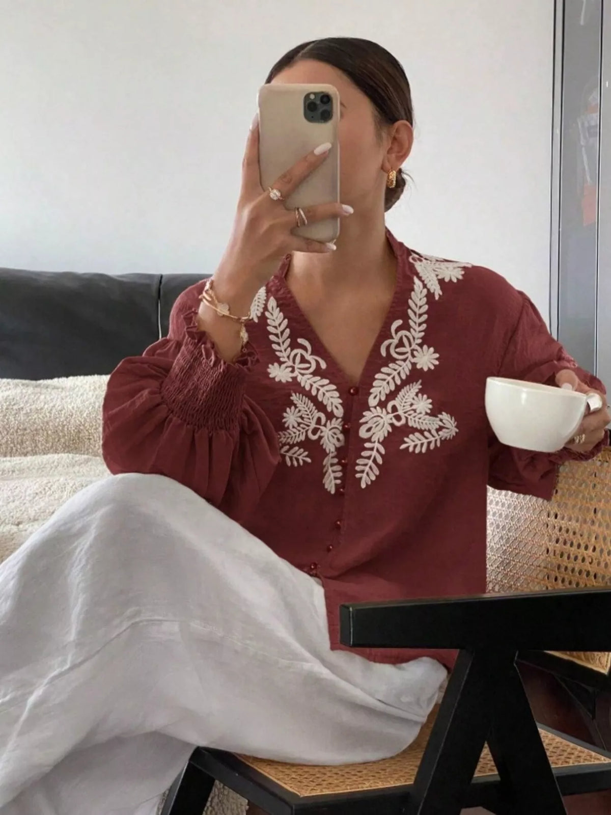Embroidered Long Sleeve Blouse