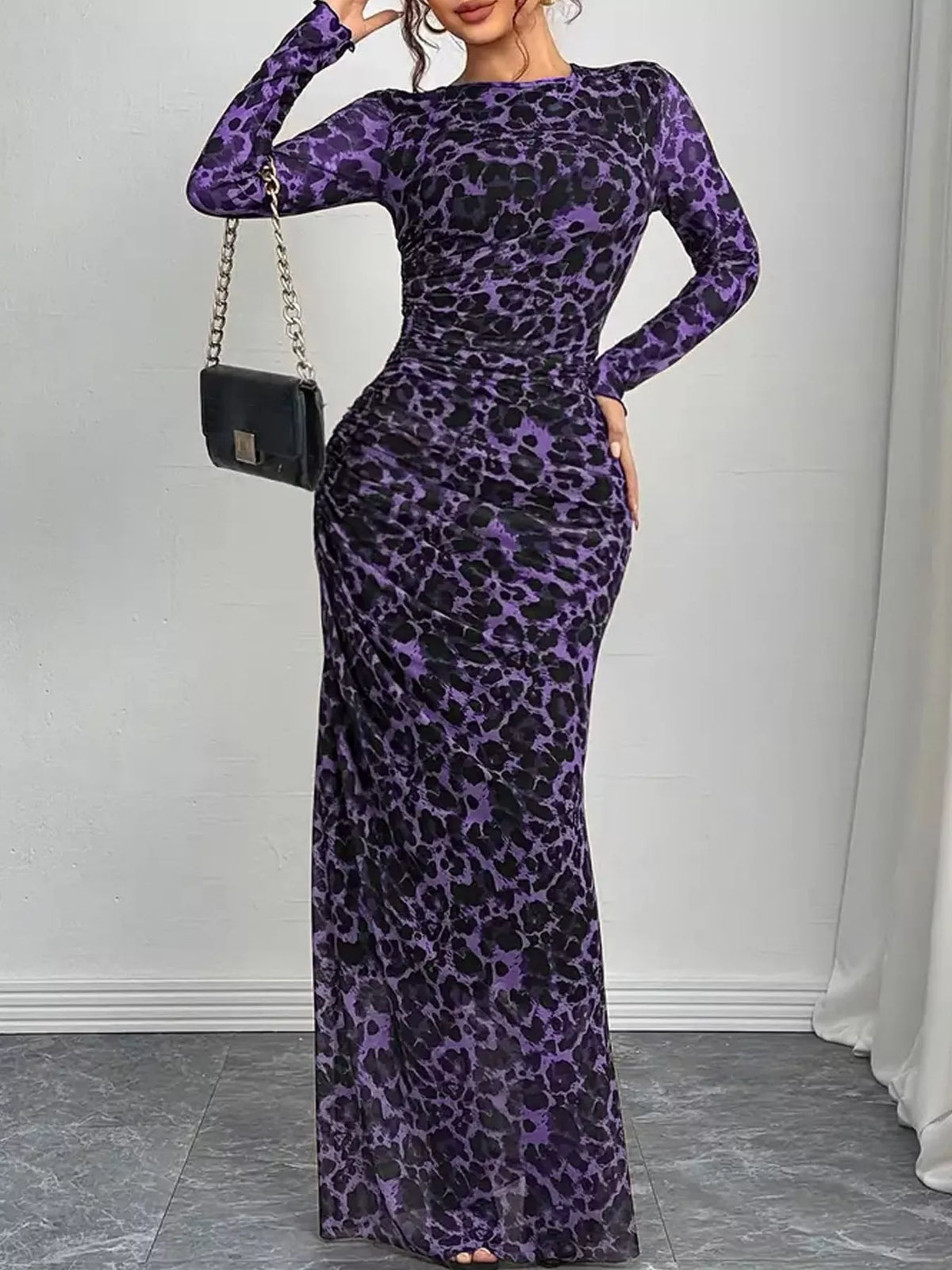 Leopard Ruched Bodycon Maxi Dress