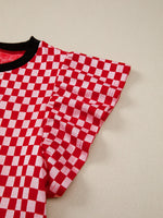 Checkered Print Ruffle Cap Sleeve Contrast Trim Round Neck Top