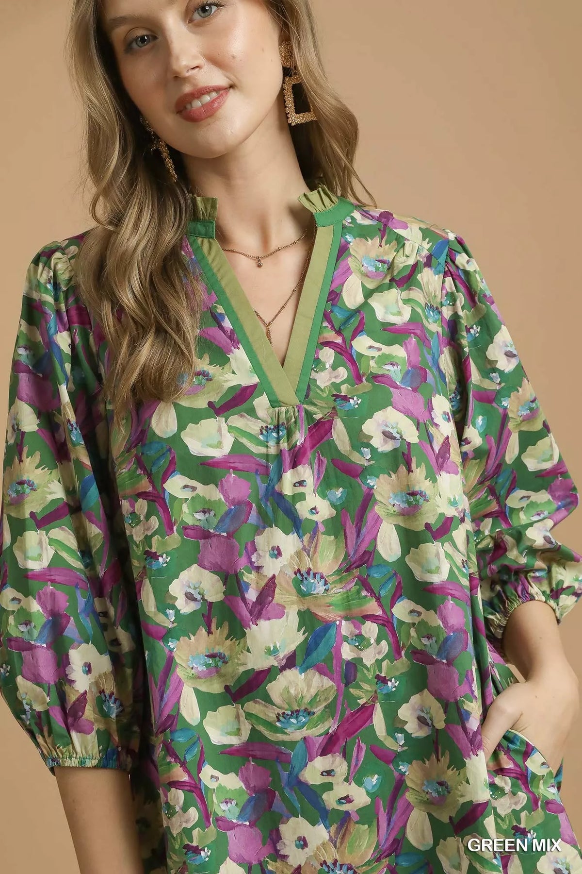 Umgee Boho Floral Balloon Sleeve Mini Dress