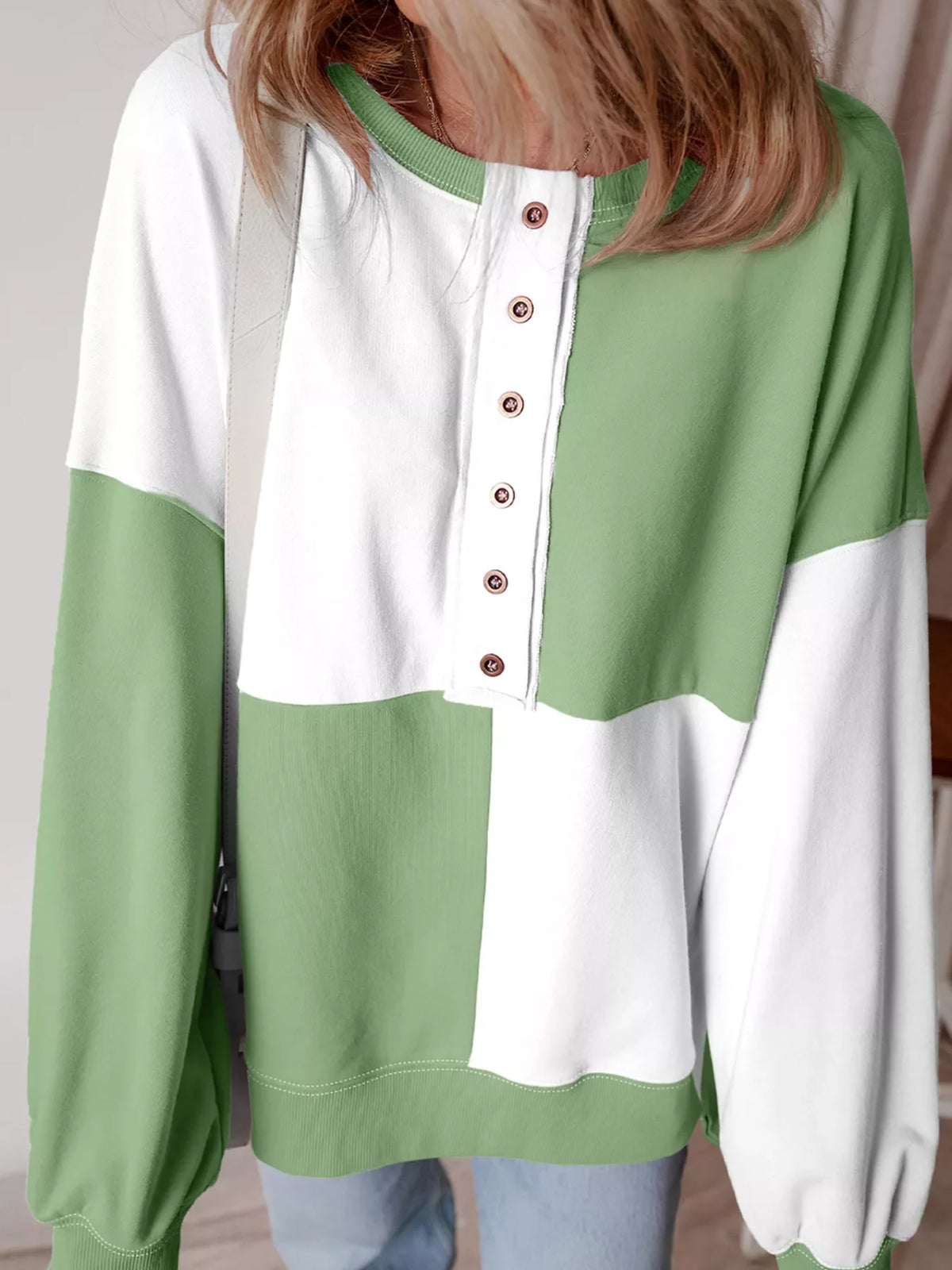 Colorblock Henley High Low Oversize Sweatshirt
