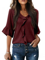 Ruffle V-Neck Flounce Sleeve Blouse