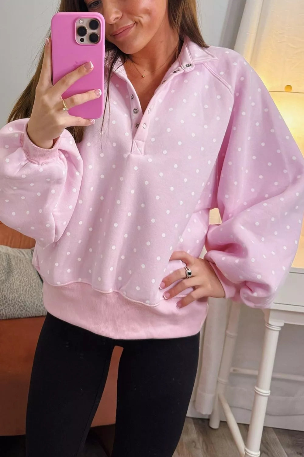 Polka Dot Print Metal Button Collar Casual Pullover Sweatshirt
