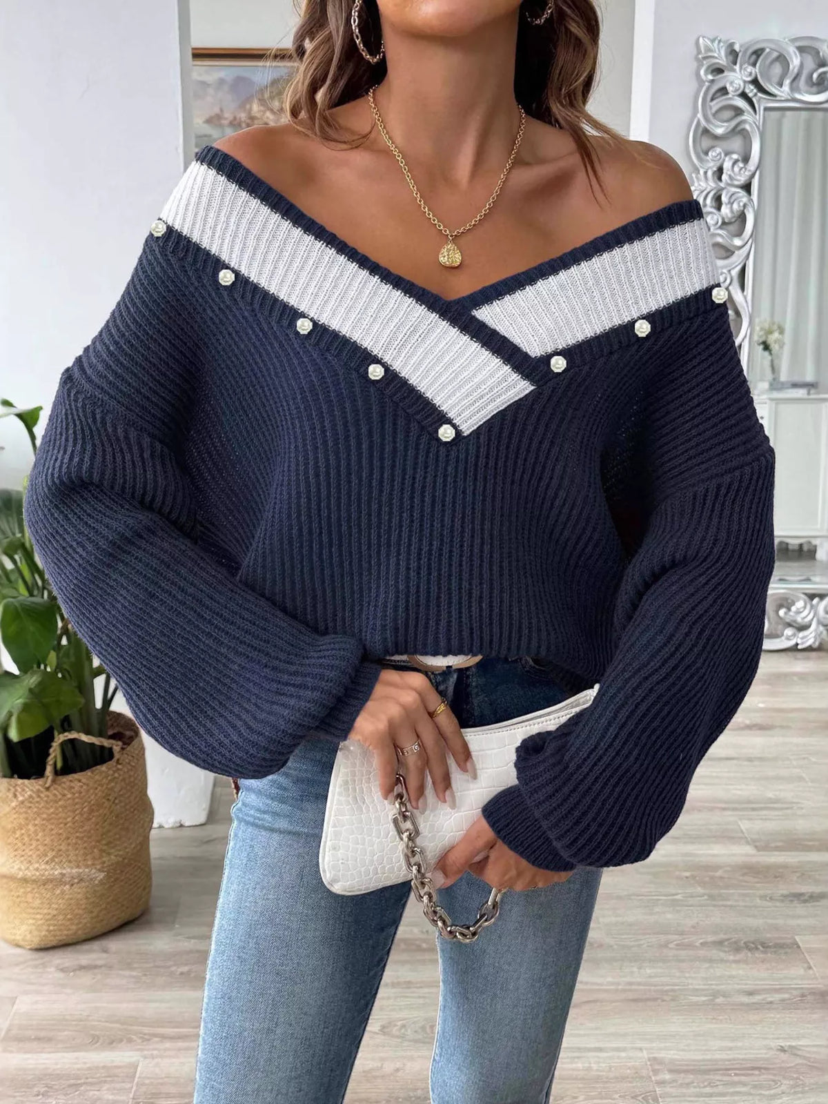 V-Neck Button-Decorated Sweater