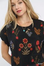 Umgee Embroidered Scallop Sleeve Top with Drawstring Hem