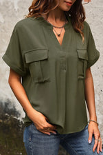 Perfee Pocketed Notched Short Sleeve Blouse