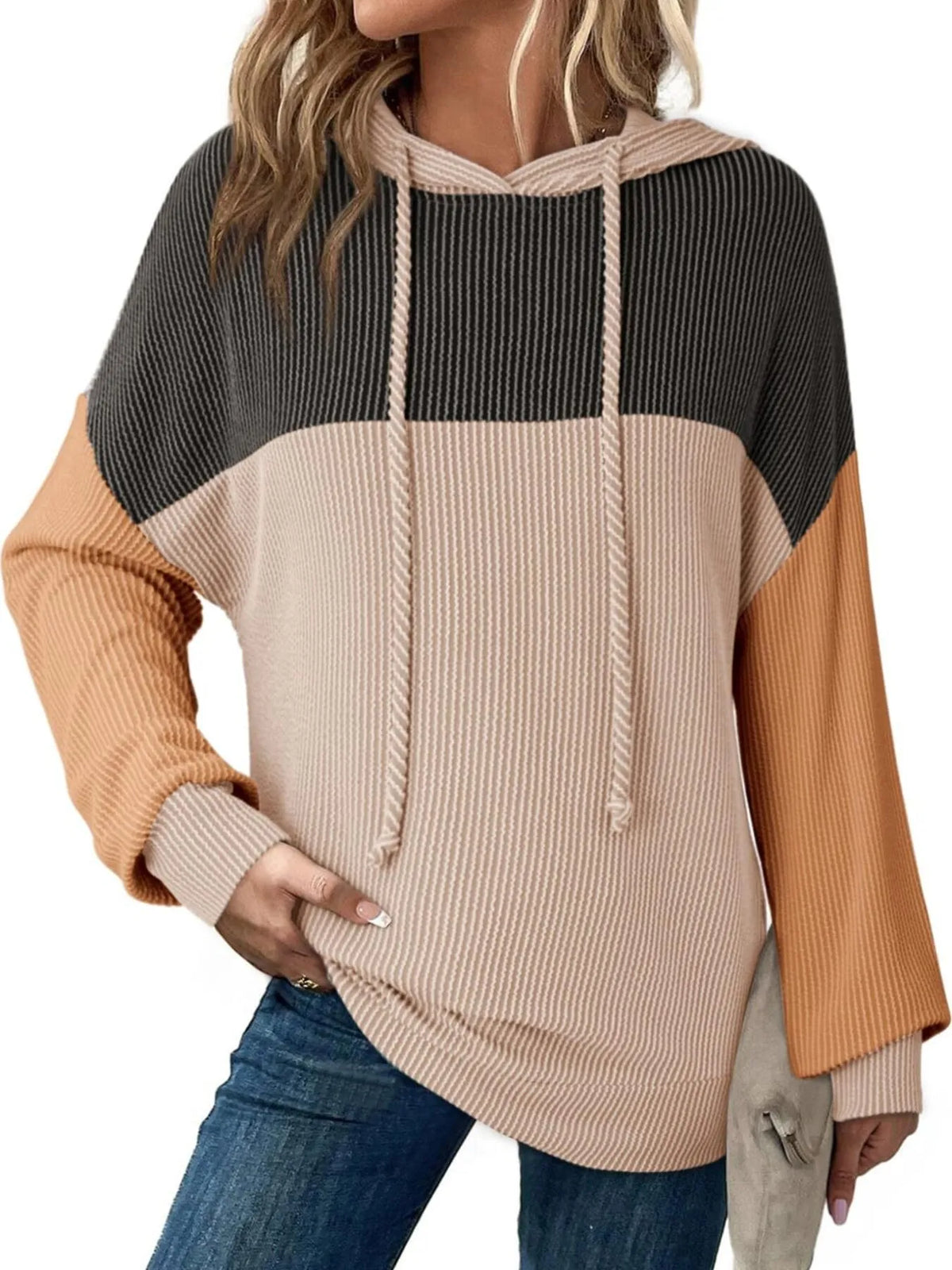 Drawstring Color Block Long Sleeve Hoodie