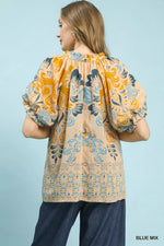 Umgee Border Print Puff Sleeve V-Neck Blouse